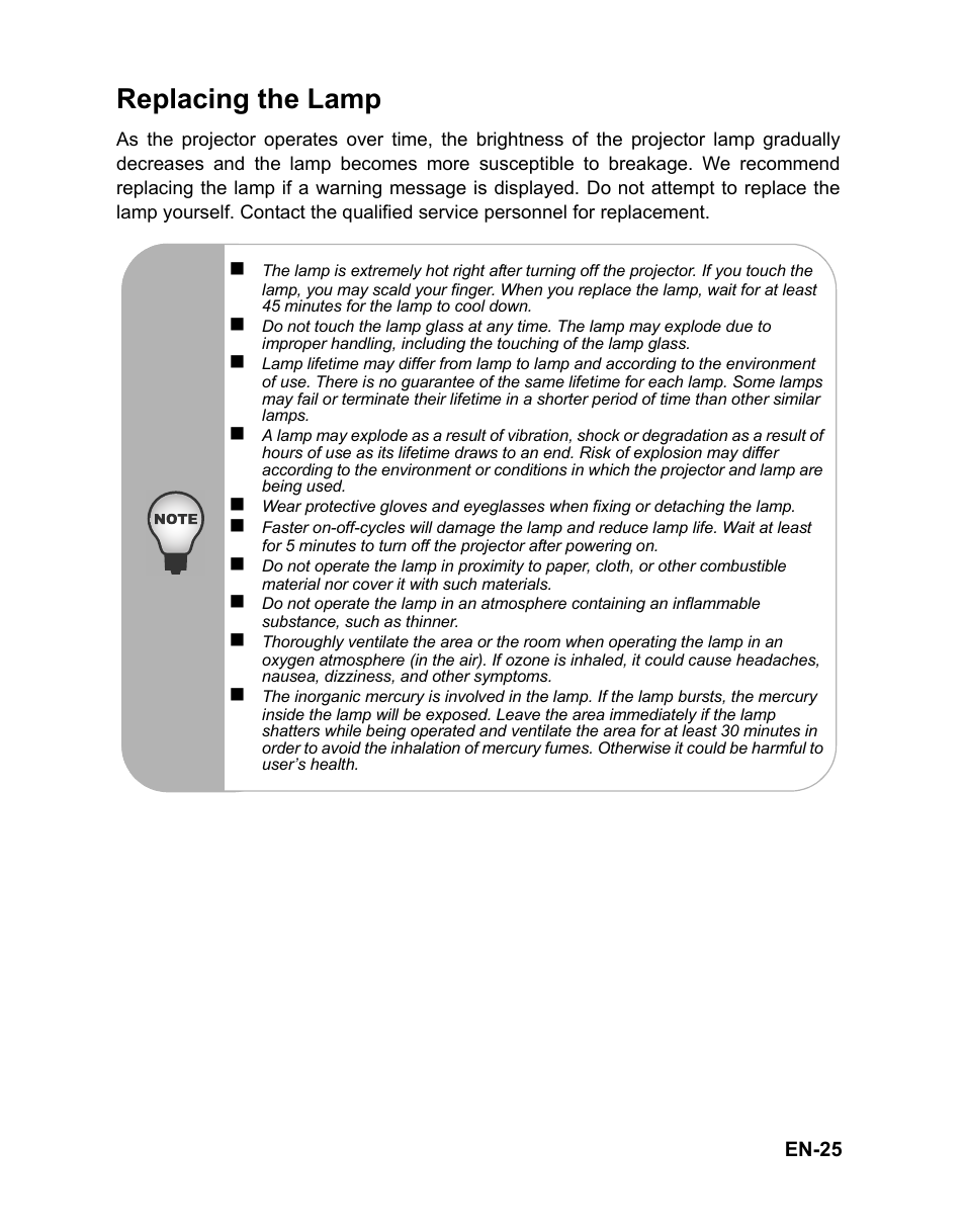 Replacing the lamp, Cleaning the lens | VIEWSONIC PJD5112 User Manual | Page 28 / 43