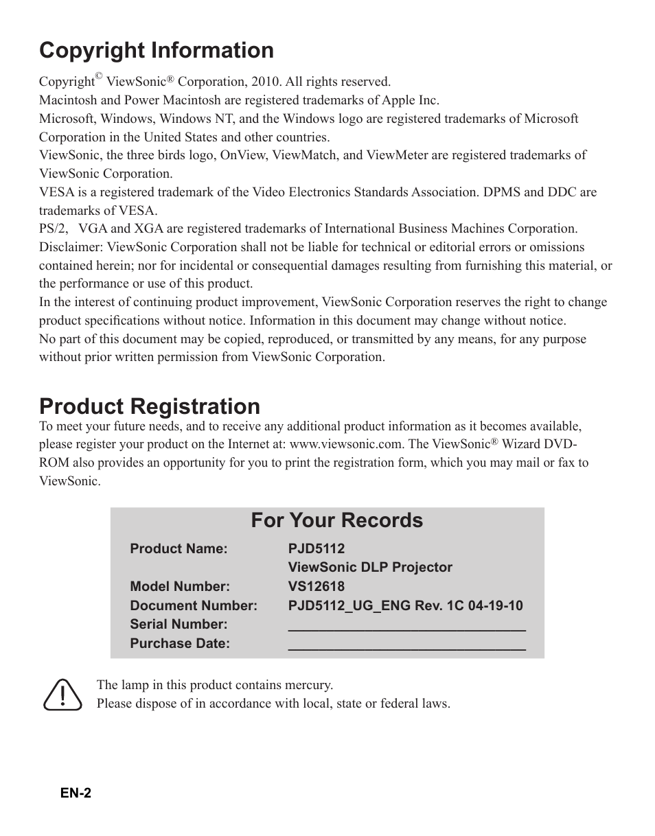 Copyright information, Product registration, For your records | VIEWSONIC PJD5112 User Manual | Page 5 / 43