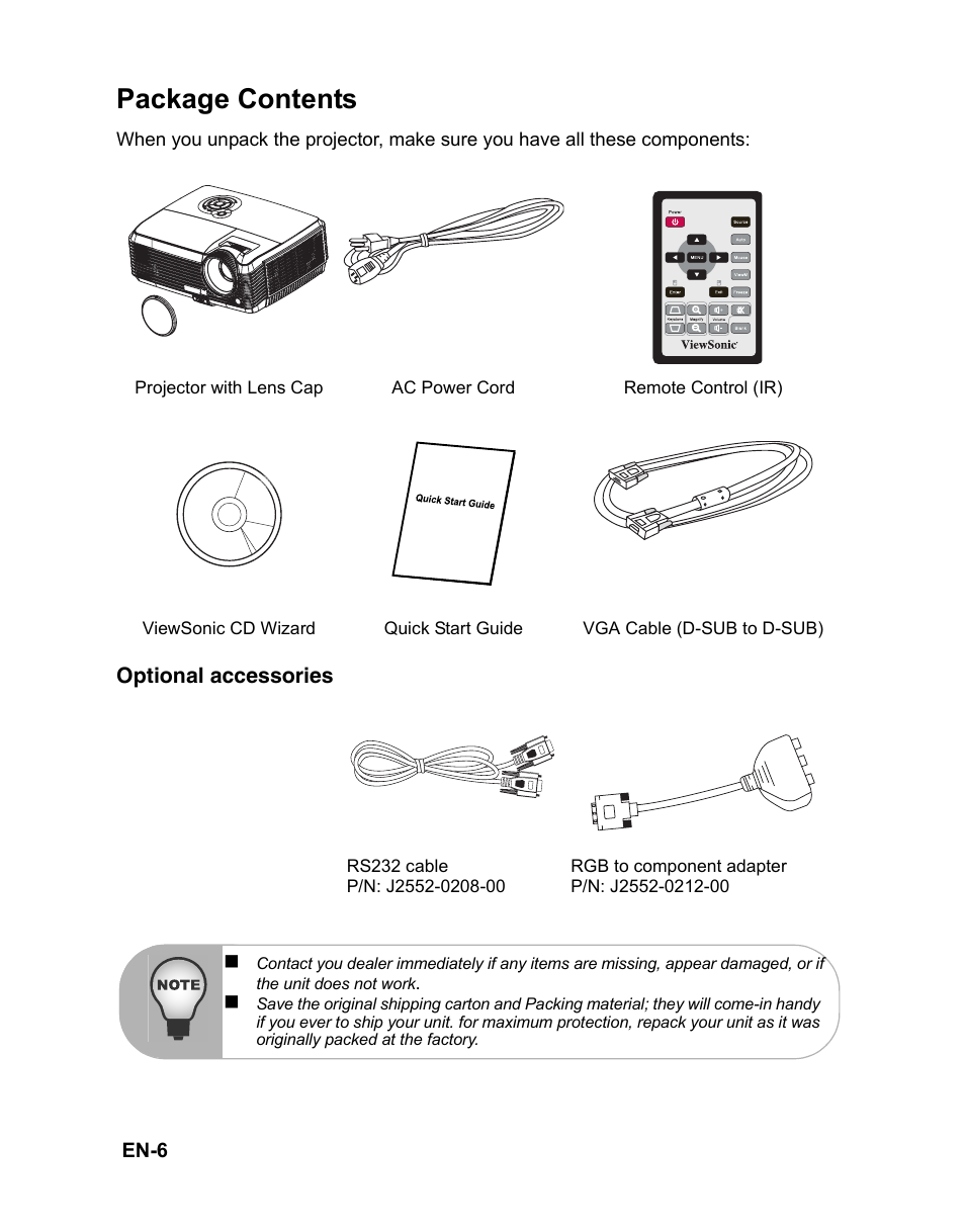 Package contents, Projector with lens cap, Ac power cord | Vga cable (d-sub to d-sub) | VIEWSONIC PJD5112 User Manual | Page 9 / 43