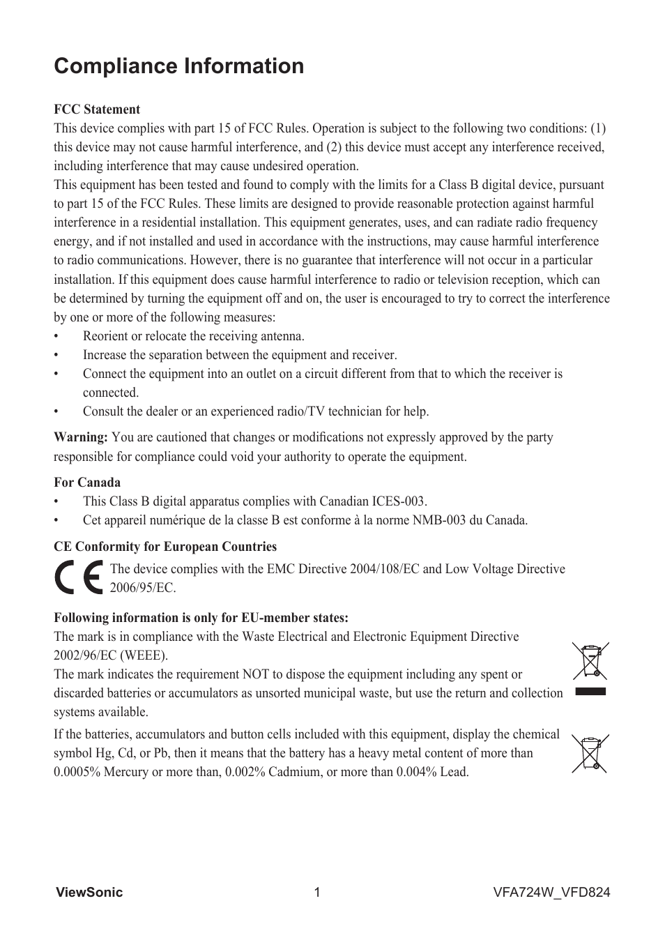 Compliance information | VIEWSONIC VS13471 User Manual | Page 2 / 12