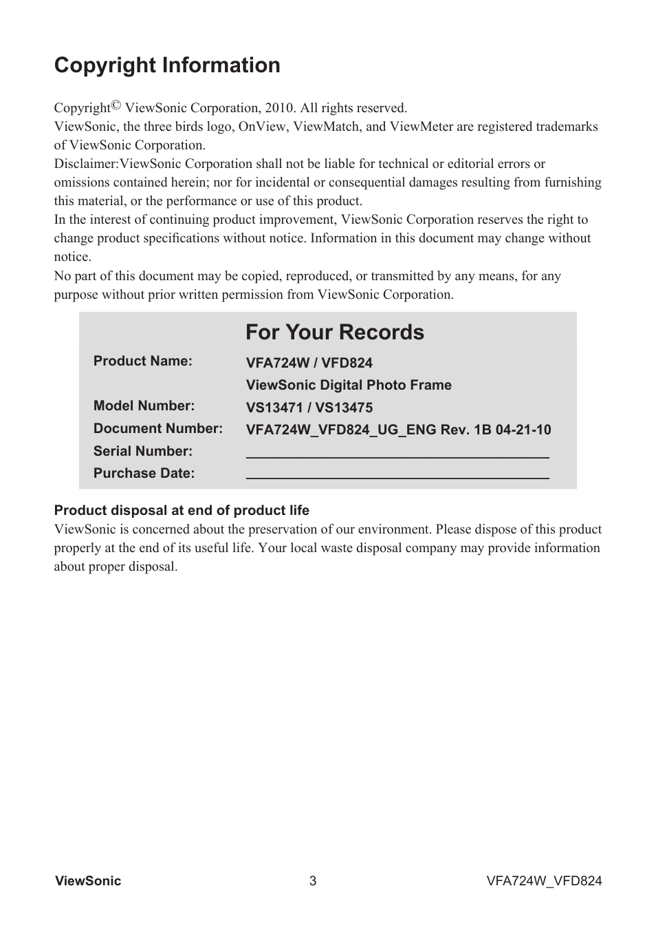 Copyright information, For your records | VIEWSONIC VS13471 User Manual | Page 4 / 12