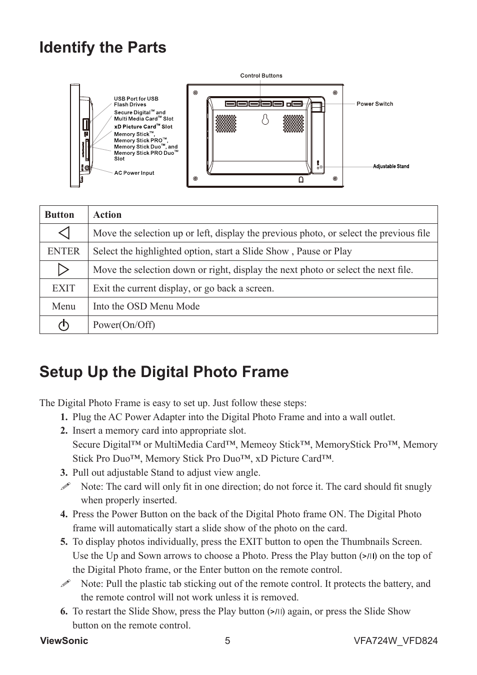 Identify the parts, Setup up the digital photo frame | VIEWSONIC VS13471 User Manual | Page 6 / 12