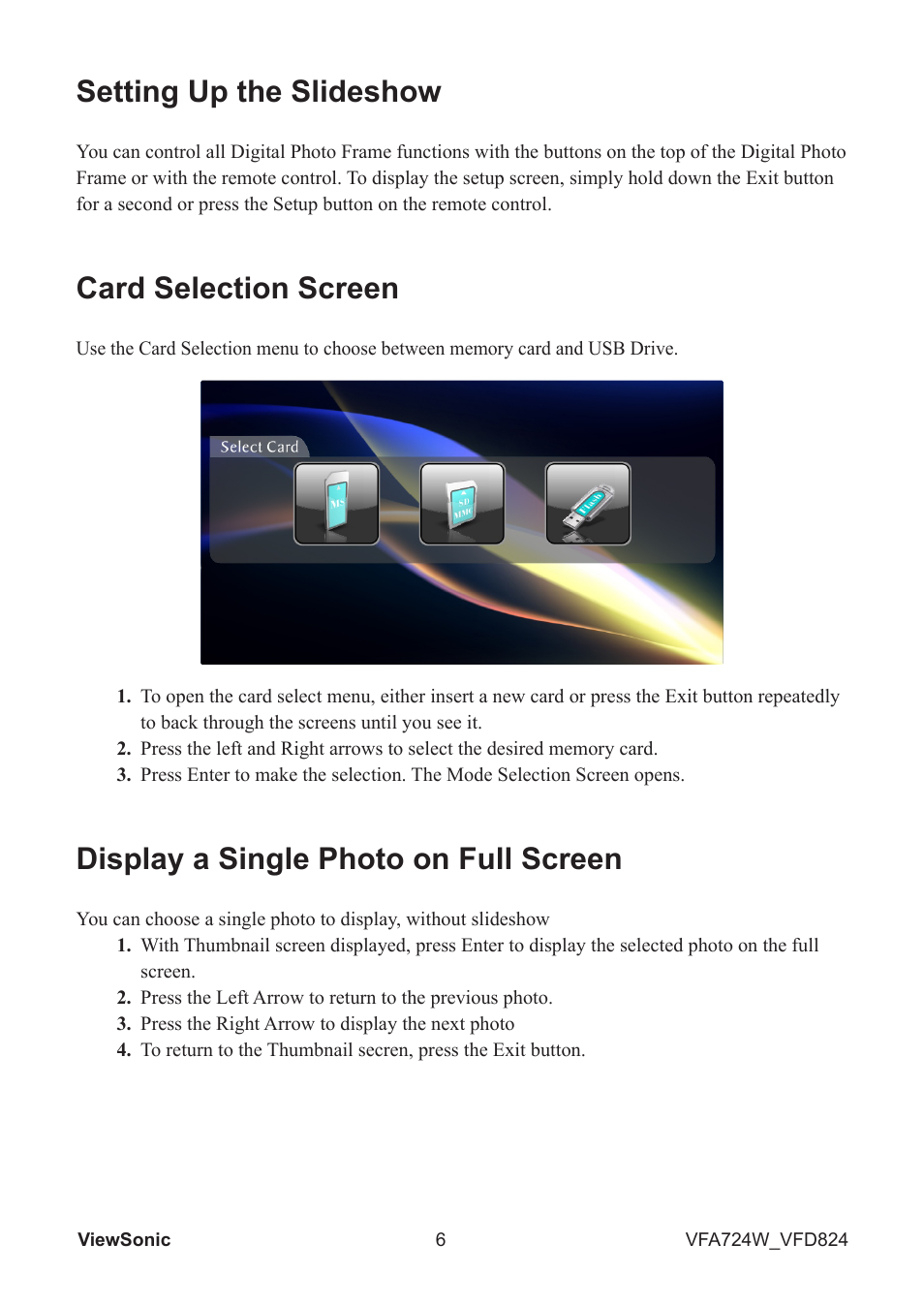 Setting up the slideshow, Card selection screen, Display a single photo on full screen | VIEWSONIC VS13471 User Manual | Page 7 / 12
