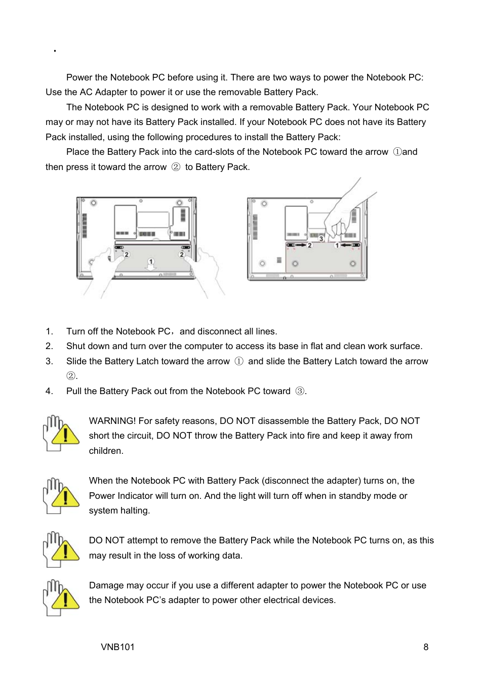 5 . getting started, 1 install the rechargeable battery, 2 remove the battery pack | VIEWSONIC VS12638 User Manual | Page 17 / 55