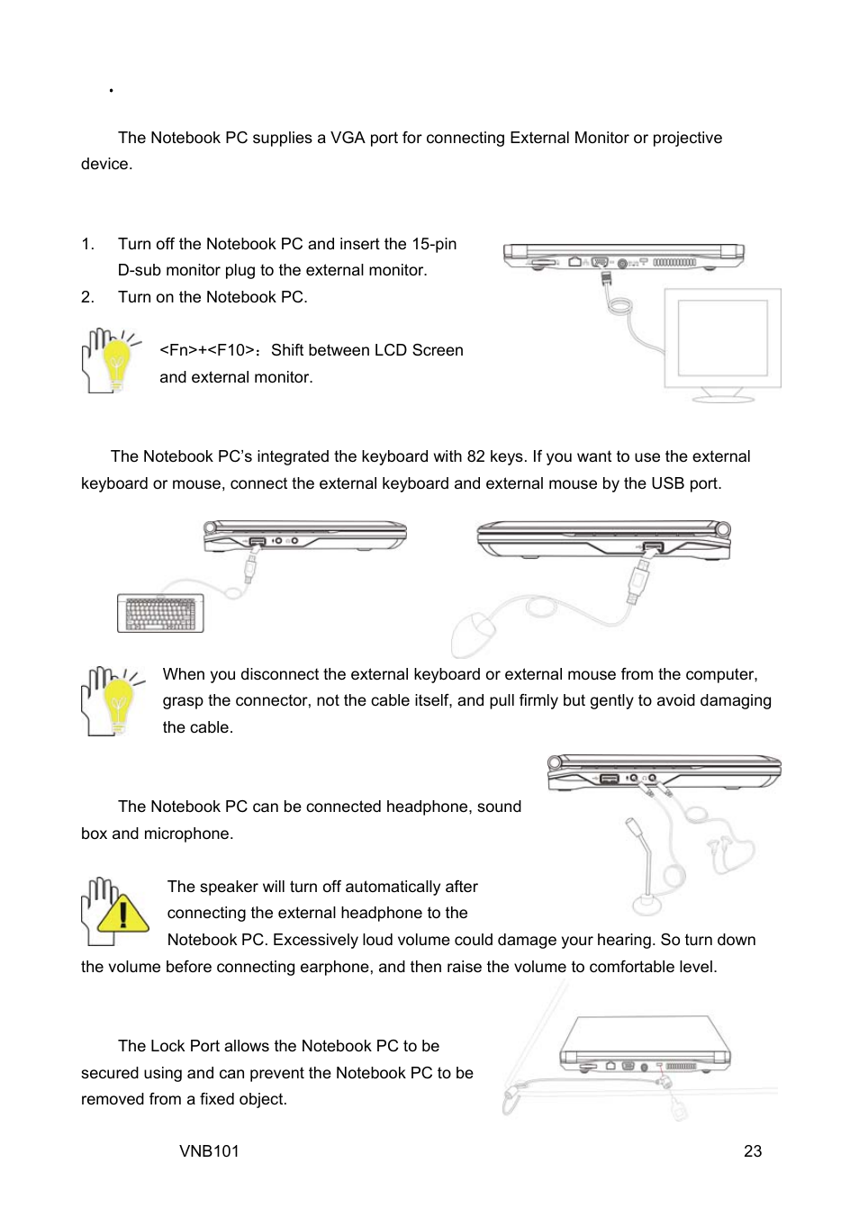 1 connect the external monitor, 4 connect audio device, 5 lock port | VIEWSONIC VS12638 User Manual | Page 32 / 55