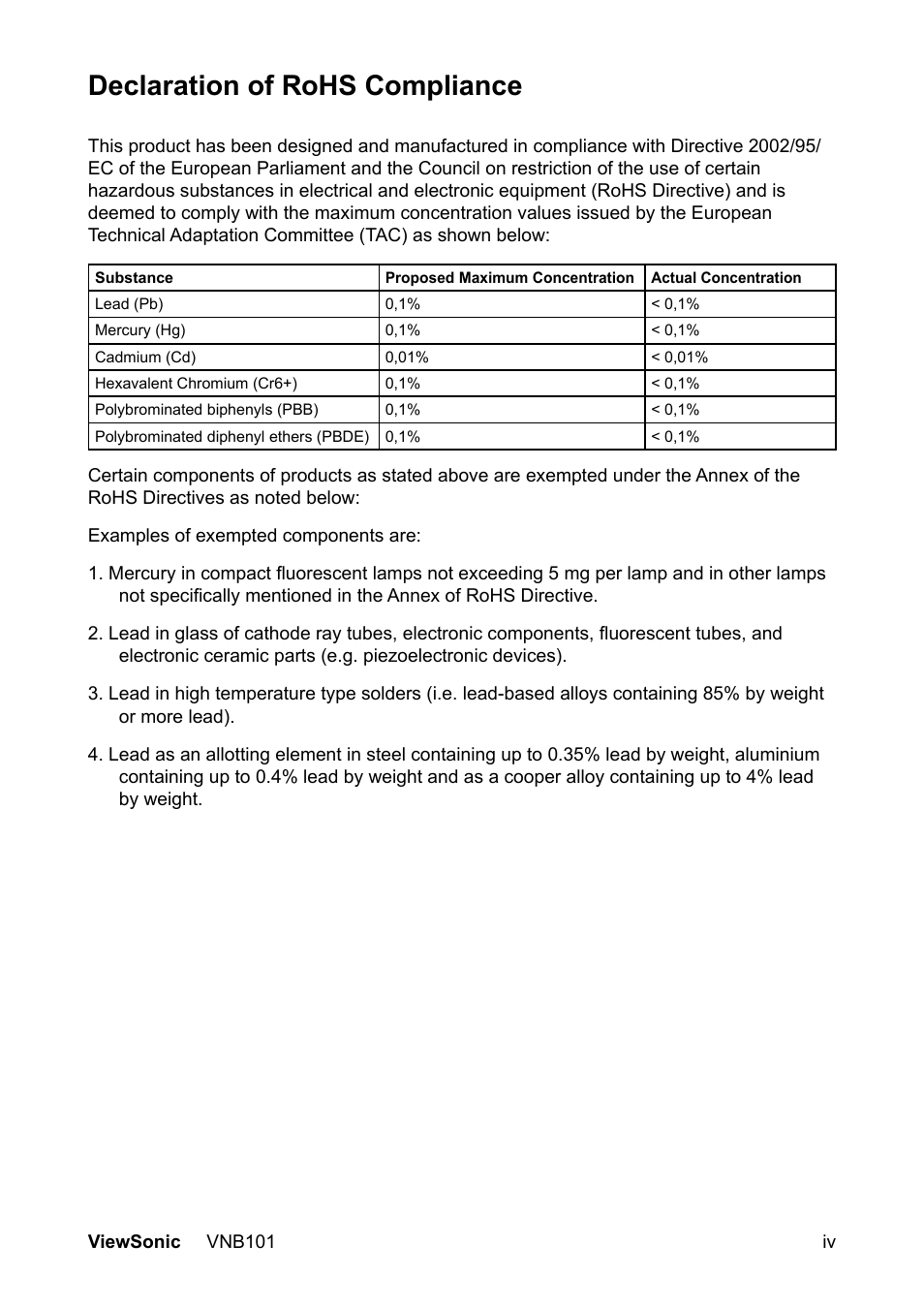 Declaration of rohs compliance | VIEWSONIC VS12638 User Manual | Page 5 / 55