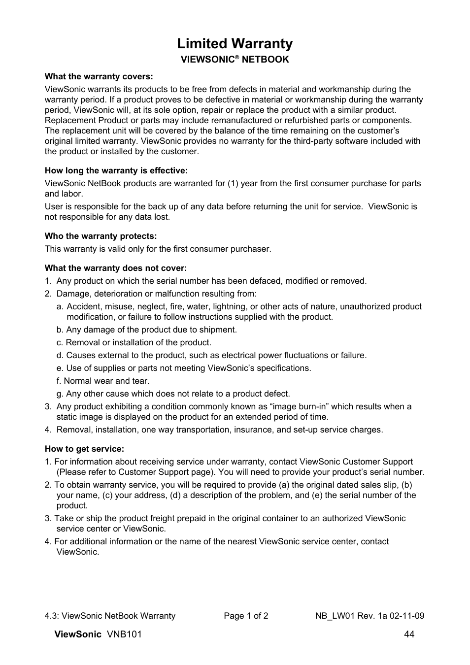 Limited warranty | VIEWSONIC VS12638 User Manual | Page 53 / 55