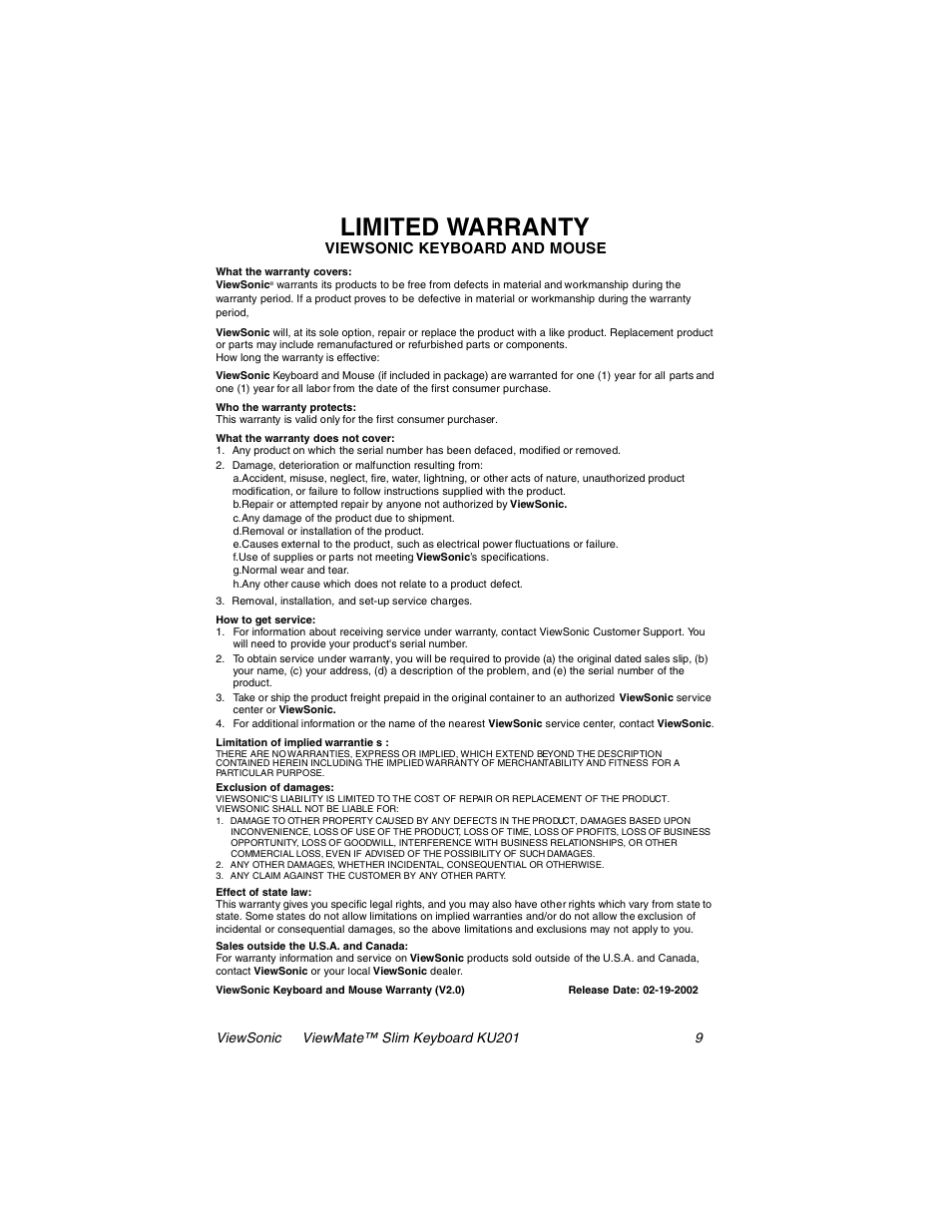 Limited warranty, Viewsonic keyboard and mouse | VIEWSONIC KU201 User Manual | Page 10 / 11