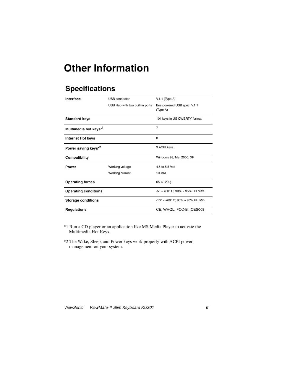Other information, Specifications | VIEWSONIC KU201 User Manual | Page 7 / 11