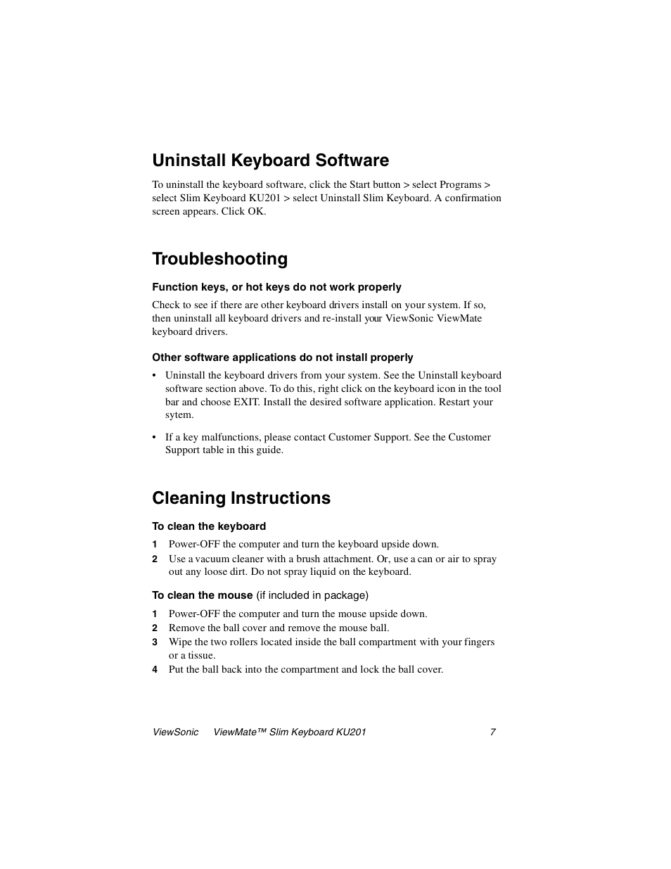 Uninstall keyboard software, Troubleshooting, Cleaning instructions | VIEWSONIC KU201 User Manual | Page 8 / 11