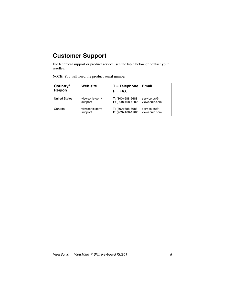 Customer support | VIEWSONIC KU201 User Manual | Page 9 / 11