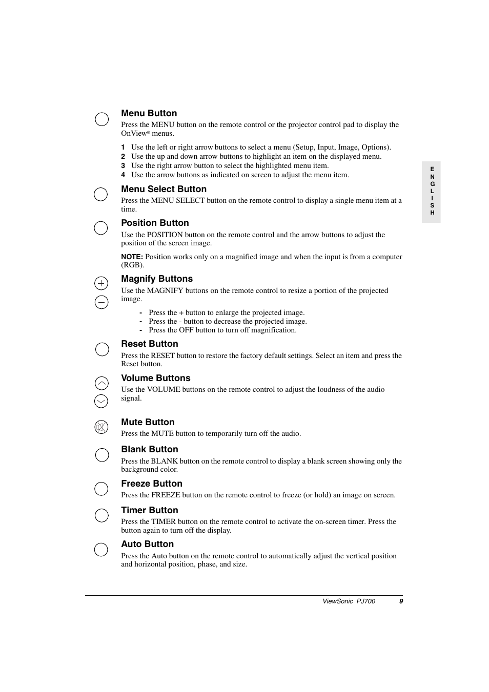 Menu button, Menu select button, Position button | Magnify buttons, Reset button, Volume buttons, Mute button, Blank button, Freeze button, Timer button | VIEWSONIC PJ700 User Manual | Page 12 / 30