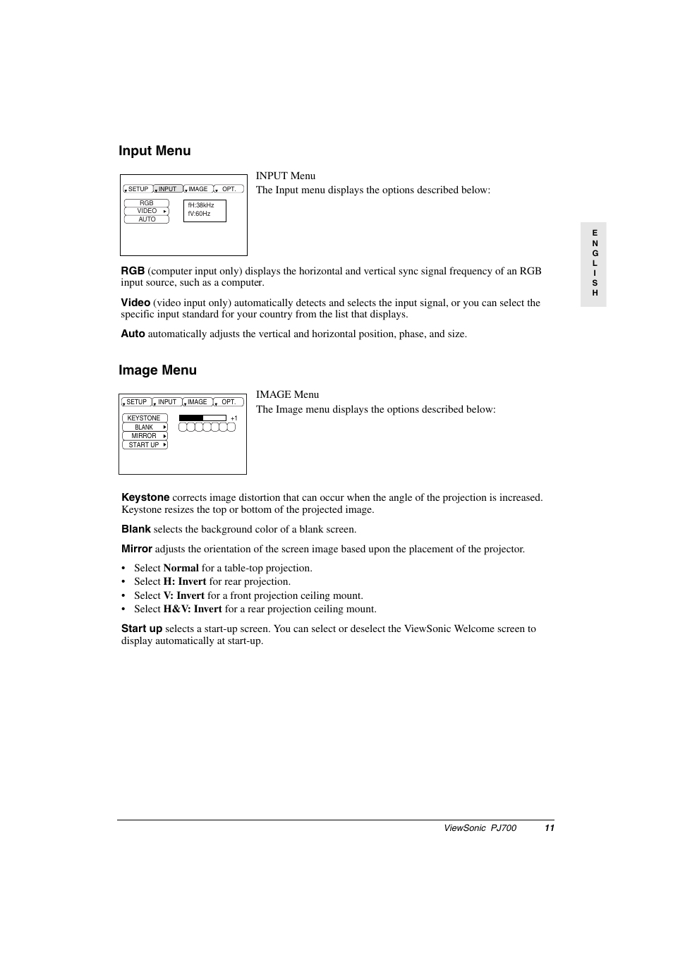 Input menu, Image menu, Input menu image menu | VIEWSONIC PJ700 User Manual | Page 14 / 30