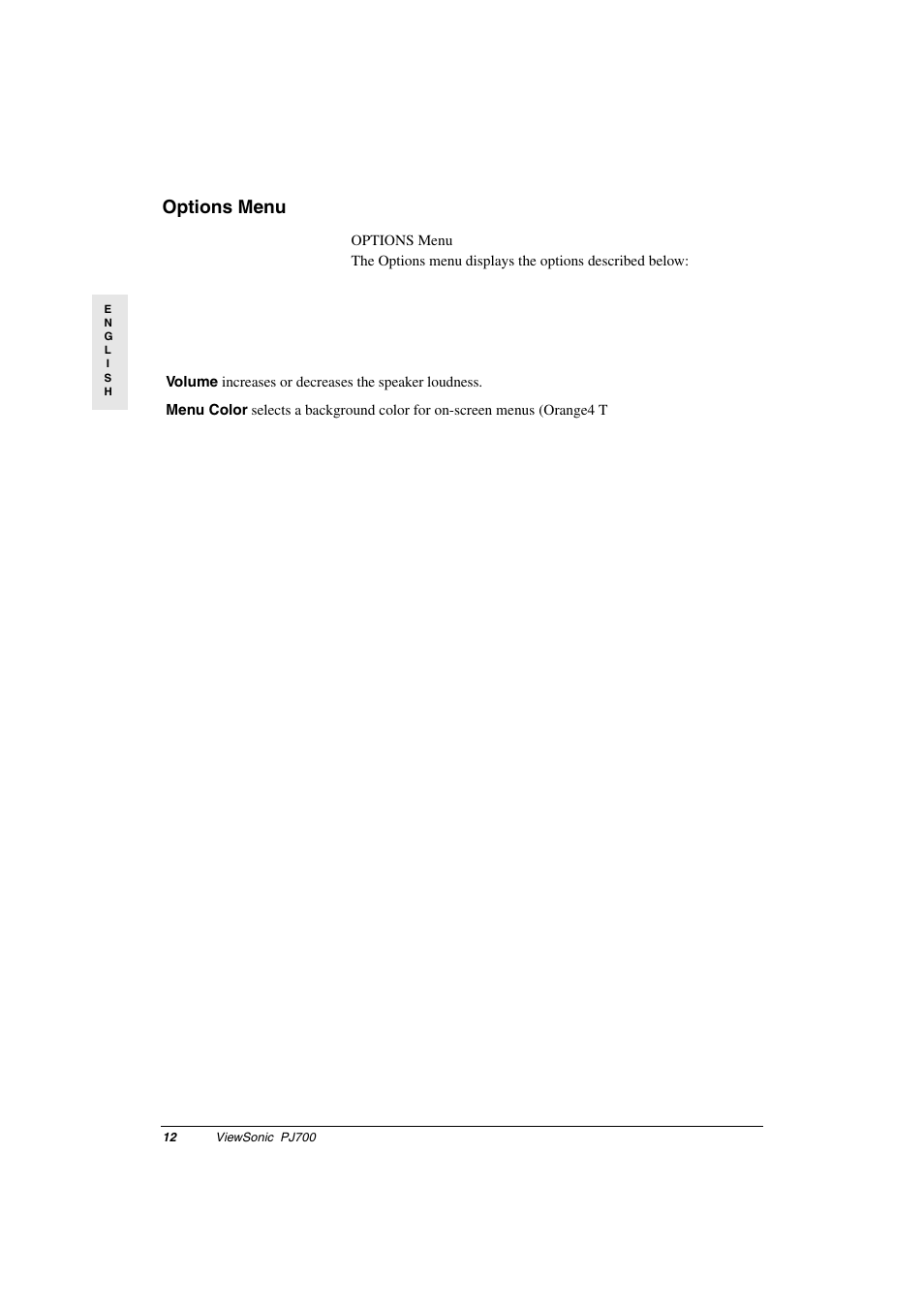Options menu | VIEWSONIC PJ700 User Manual | Page 15 / 30