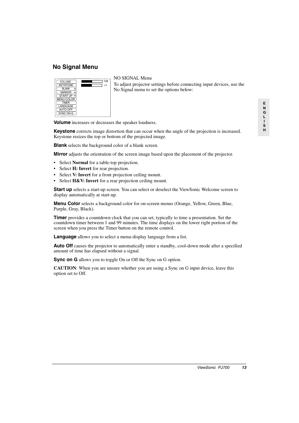 No signal menu | VIEWSONIC PJ700 User Manual | Page 16 / 30