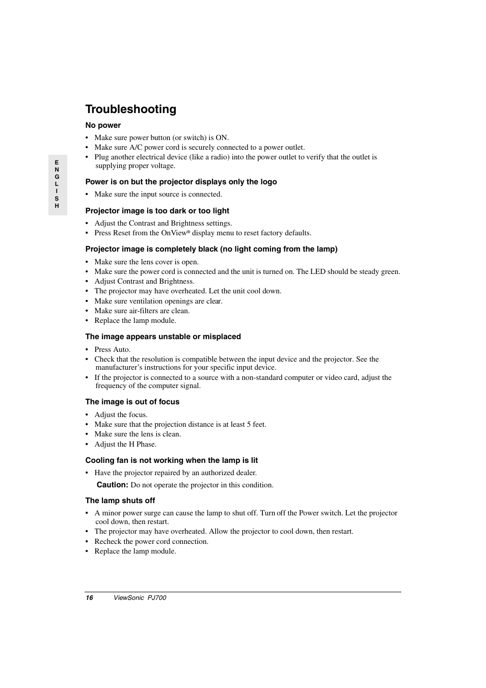 Troubleshooting | VIEWSONIC PJ700 User Manual | Page 19 / 30