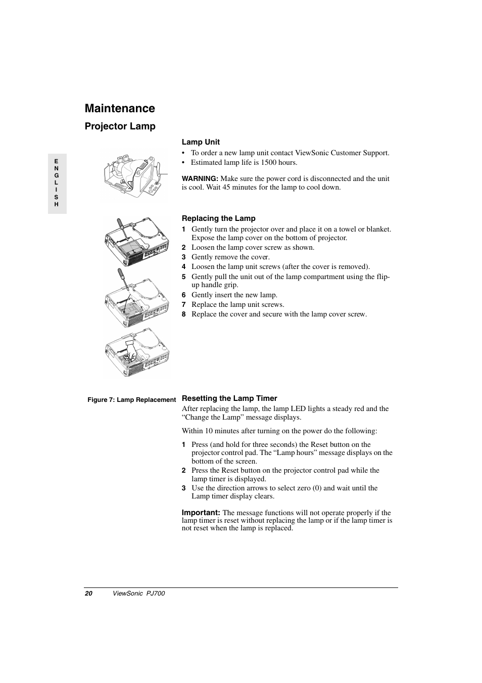 Maintenance, Projector lamp, Figure 7: lamp replacement | 2 loosen the lamp cover screw as shown, 3 gently remove the cover, 6 gently insert the new lamp, 7 replace the lamp unit screws, Figure: 7 lamp replacement | VIEWSONIC PJ700 User Manual | Page 23 / 30