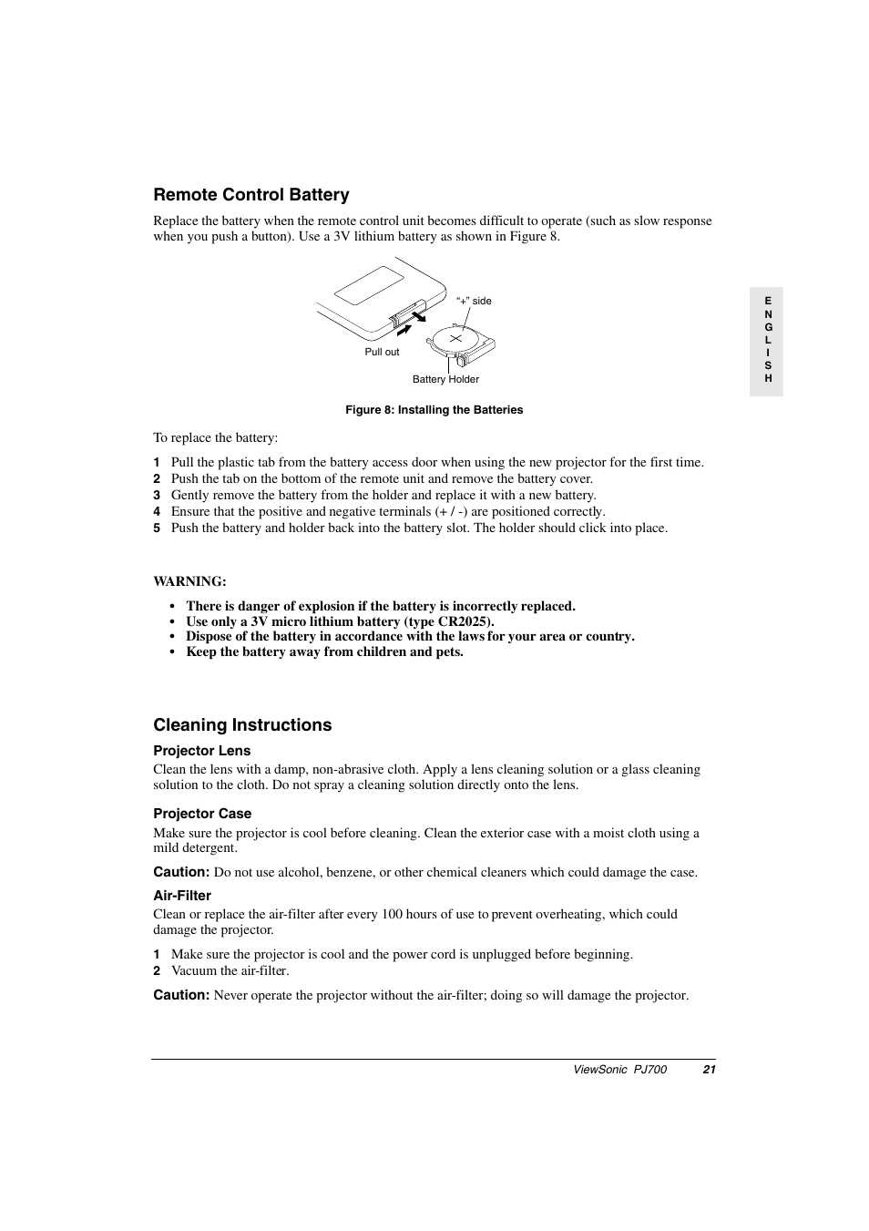 Remote control battery, Figure 8: installing the batteries, Cleaning instructions | 2 vacuum the air-filter, Remote control battery cleaning instructions, Figure: 8 installing the batteries | VIEWSONIC PJ700 User Manual | Page 24 / 30