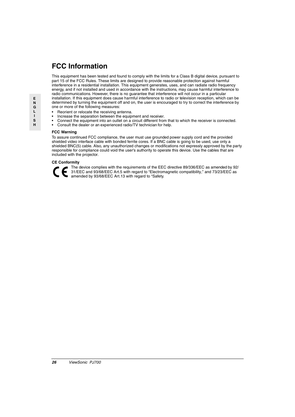 Fcc information | VIEWSONIC PJ700 User Manual | Page 29 / 30
