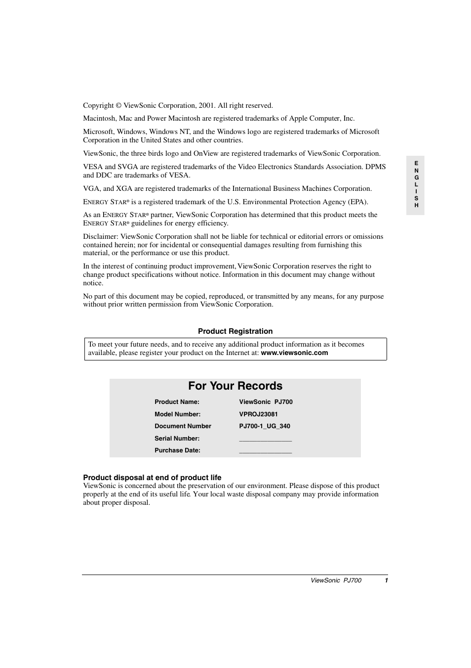 For your records | VIEWSONIC PJ700 User Manual | Page 4 / 30