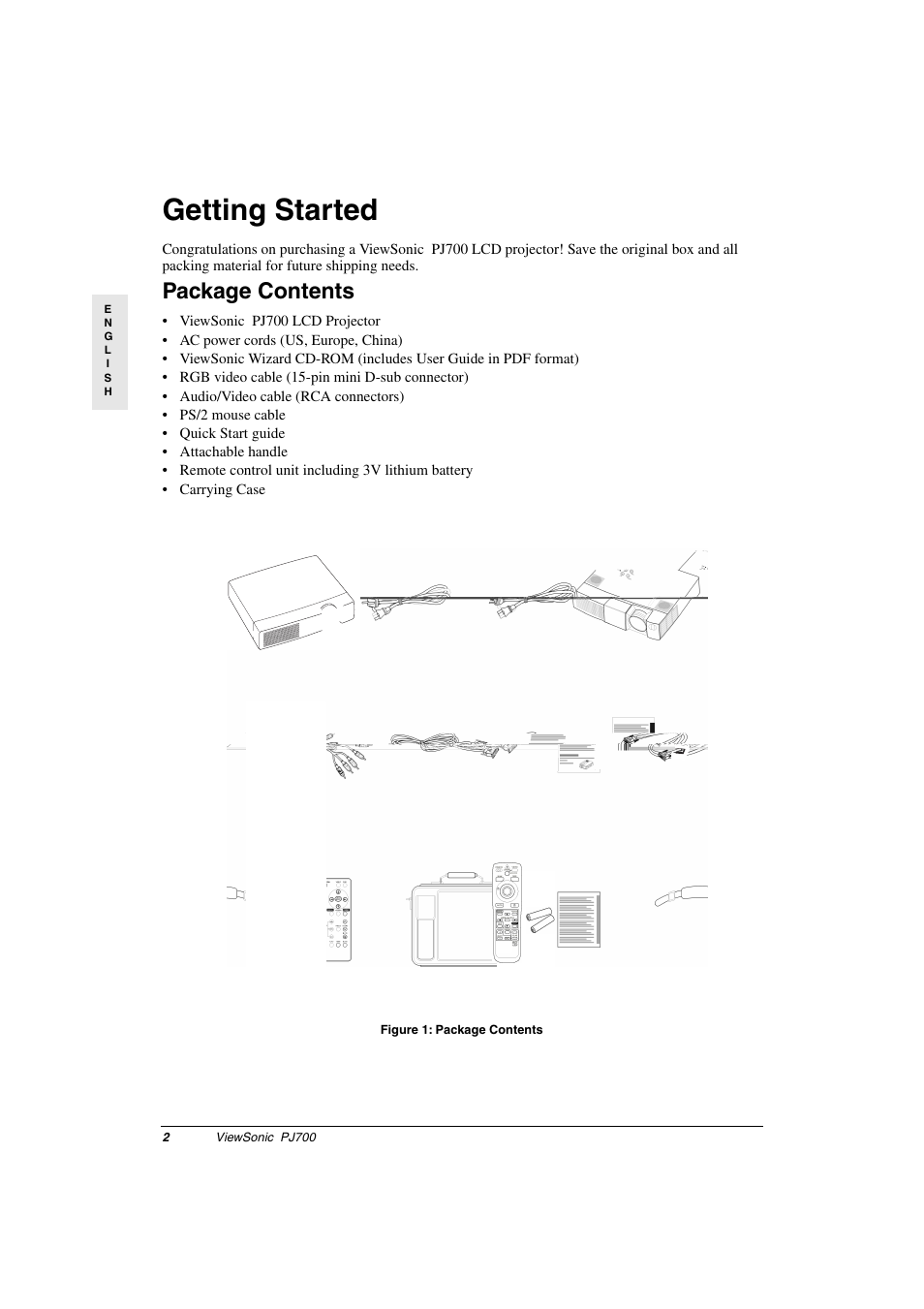 Getting started, Package contents, Figure 1: package contents | Figure: 1 package contents | VIEWSONIC PJ700 User Manual | Page 5 / 30