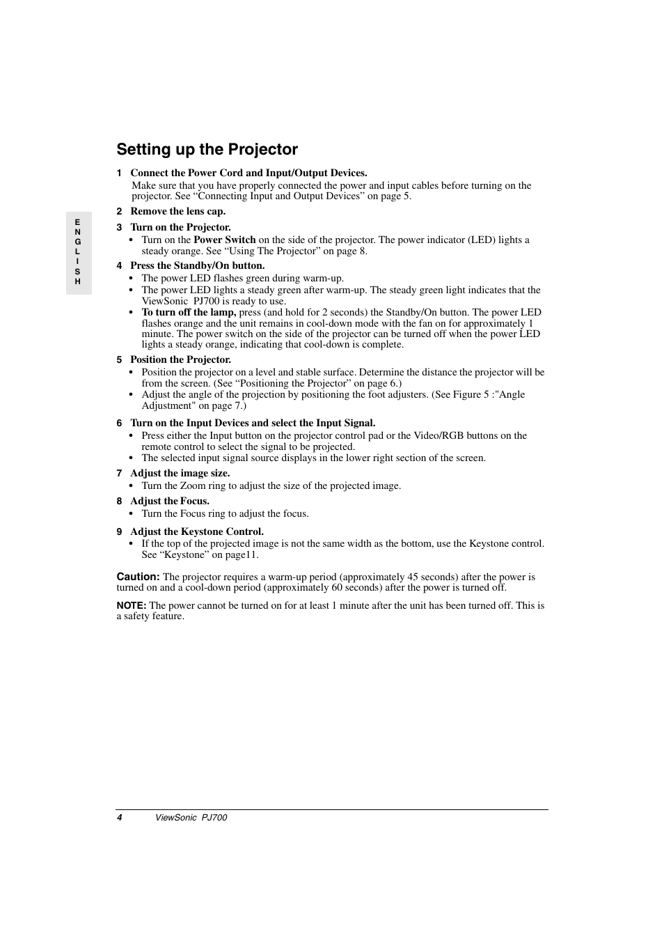 Setting up the projector, 1 connect the power cord and input/output devices, 2 remove the lens cap | 3 turn on the projector, 4 press the standby/on button, 5 position the projector, 7 adjust the image size, 8 adjust the focus, 9 adjust the keystone control | VIEWSONIC PJ700 User Manual | Page 7 / 30