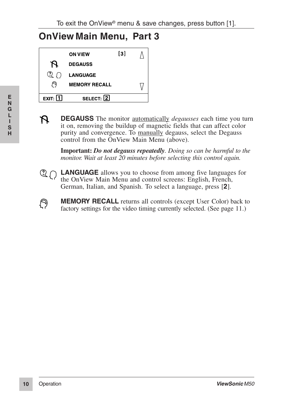Onview, Main menu, part 3 | VIEWSONIC M50 User Manual | Page 11 / 16