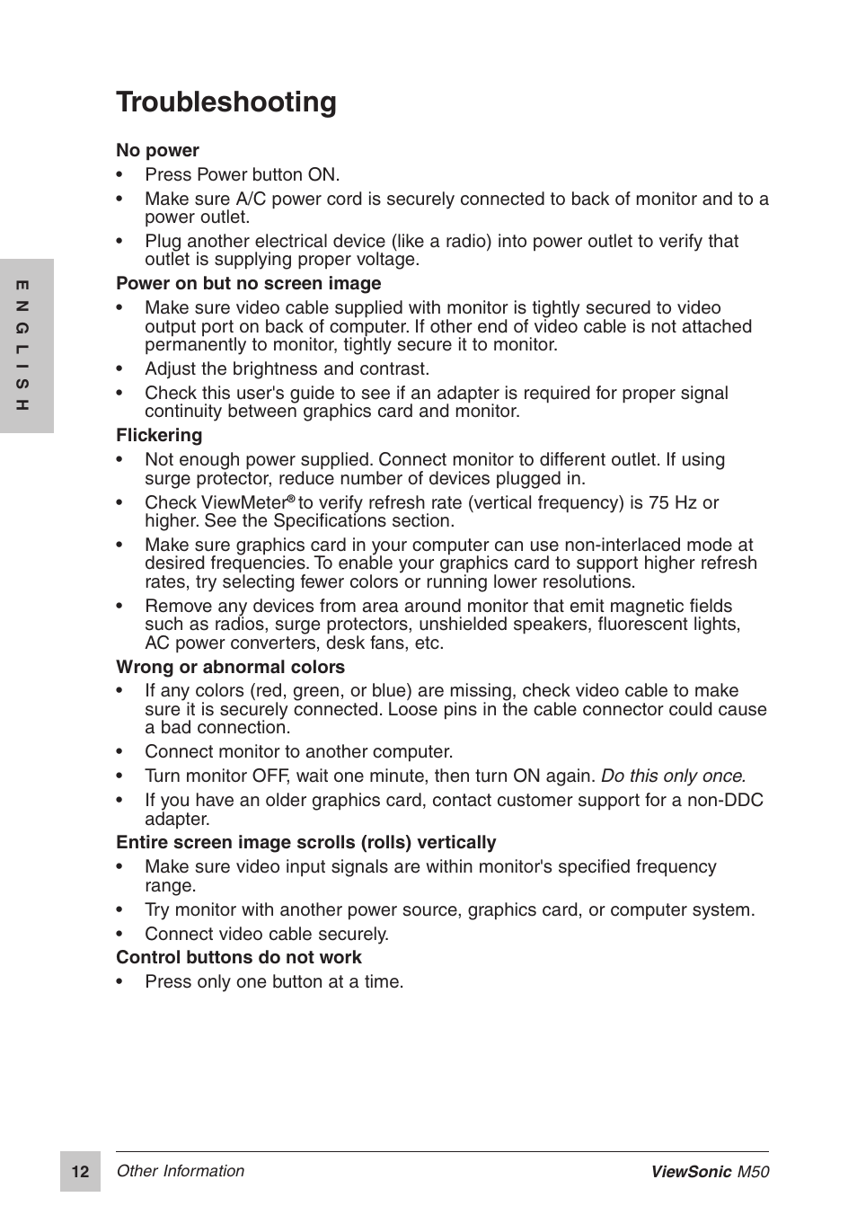 Troubleshooting | VIEWSONIC M50 User Manual | Page 13 / 16