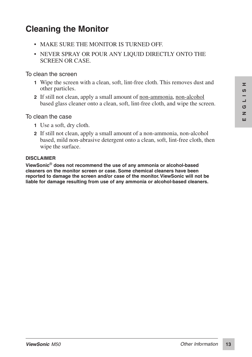Cleaning the monitor | VIEWSONIC M50 User Manual | Page 14 / 16