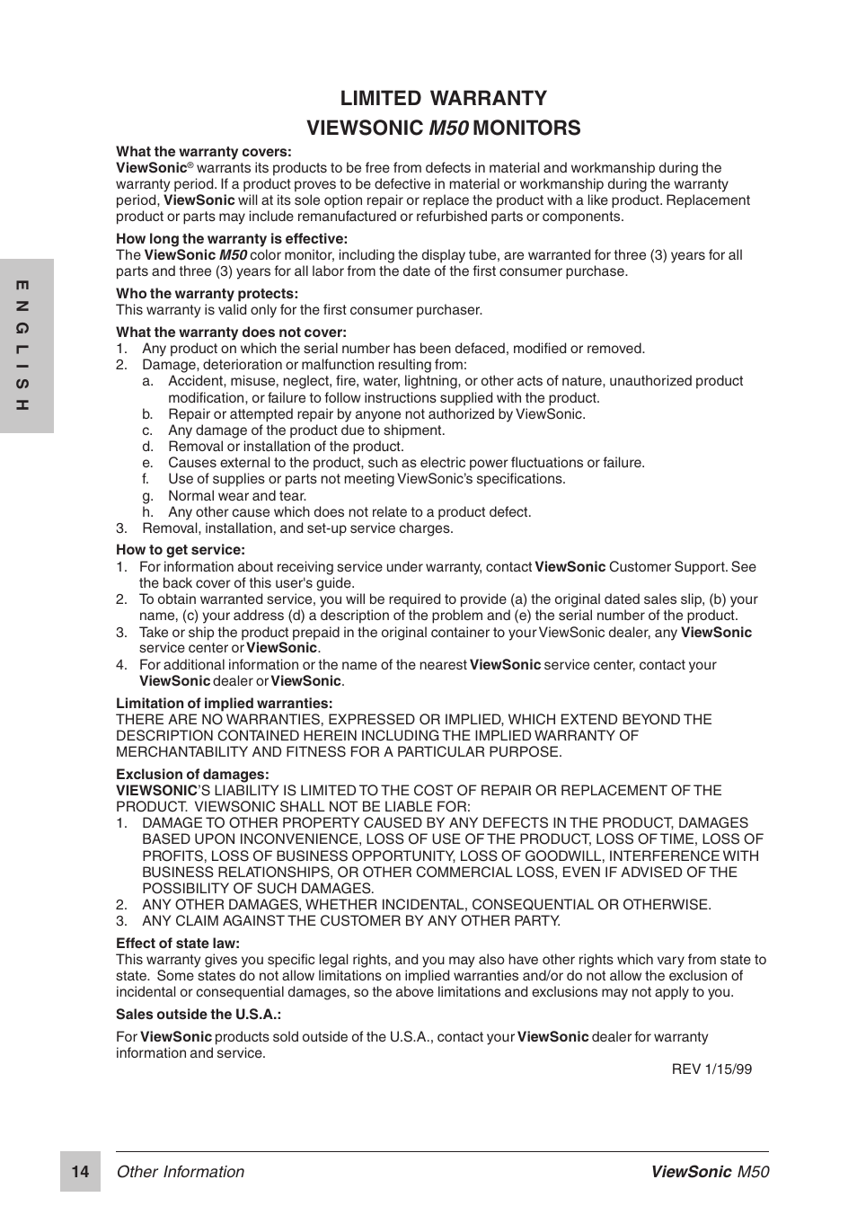Limited warranty viewsonic, Monitors | VIEWSONIC M50 User Manual | Page 15 / 16