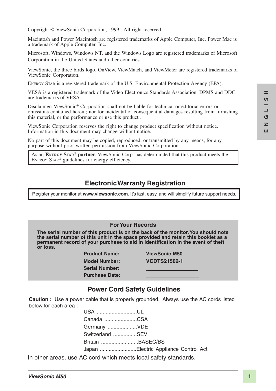 Power cord safety guidelines, Electronic warranty registration | VIEWSONIC M50 User Manual | Page 2 / 16