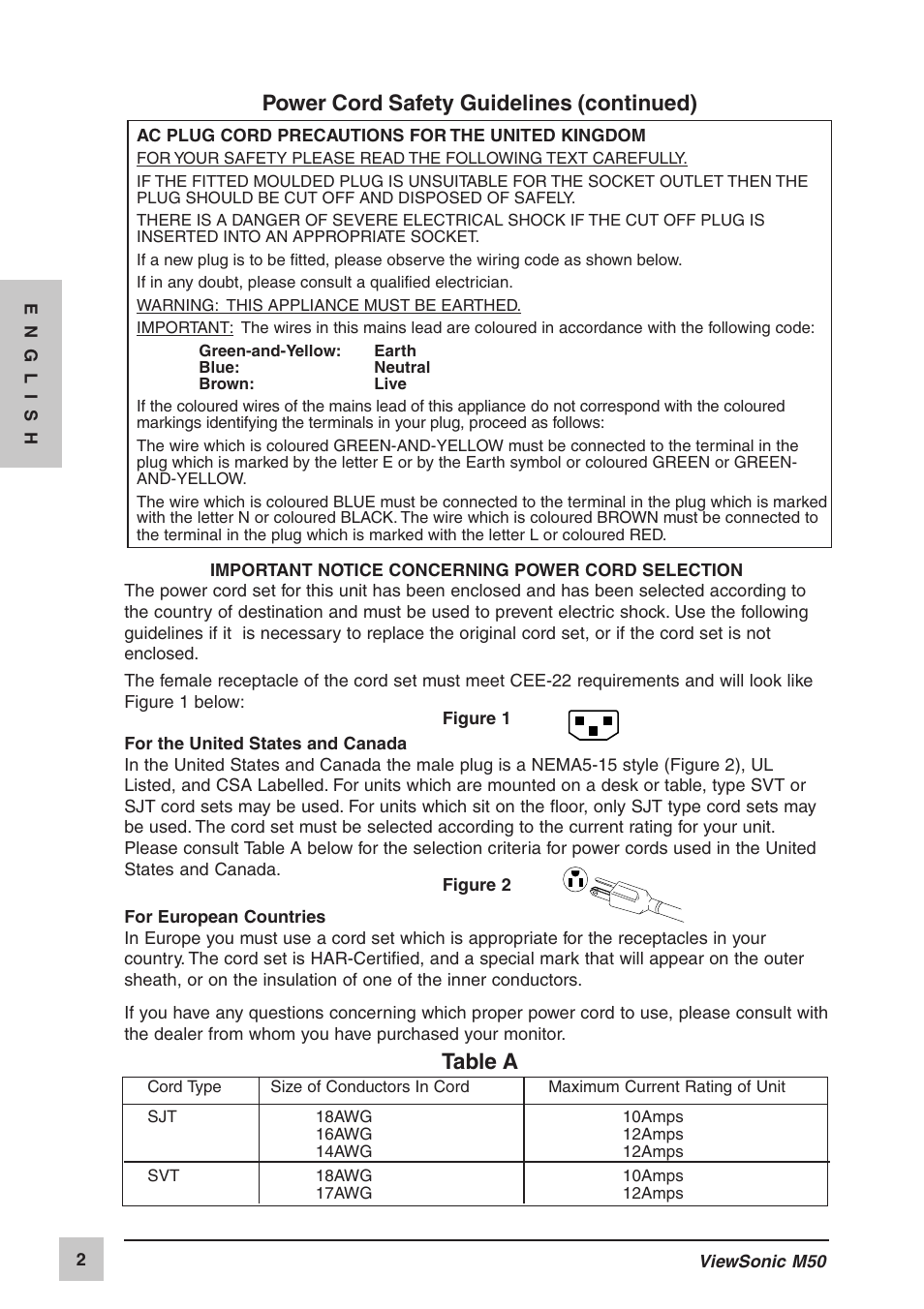 Power cord safety guidelines (continued), Table a | VIEWSONIC M50 User Manual | Page 3 / 16
