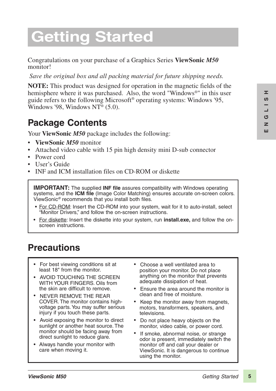 Getting started, Package contents, Precautions | VIEWSONIC M50 User Manual | Page 6 / 16