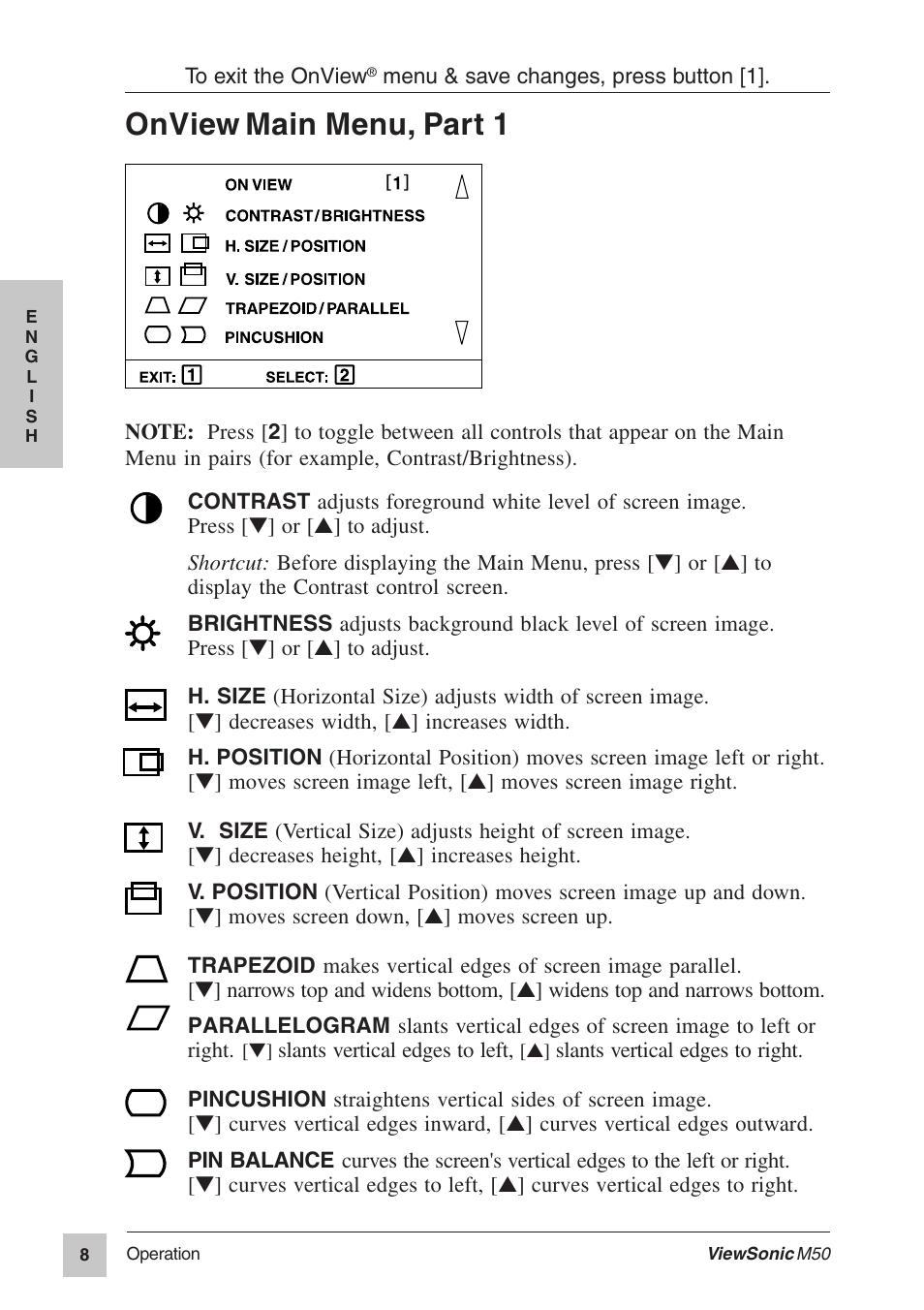 Onview, Main menu, part 1 | VIEWSONIC M50 User Manual | Page 9 / 16