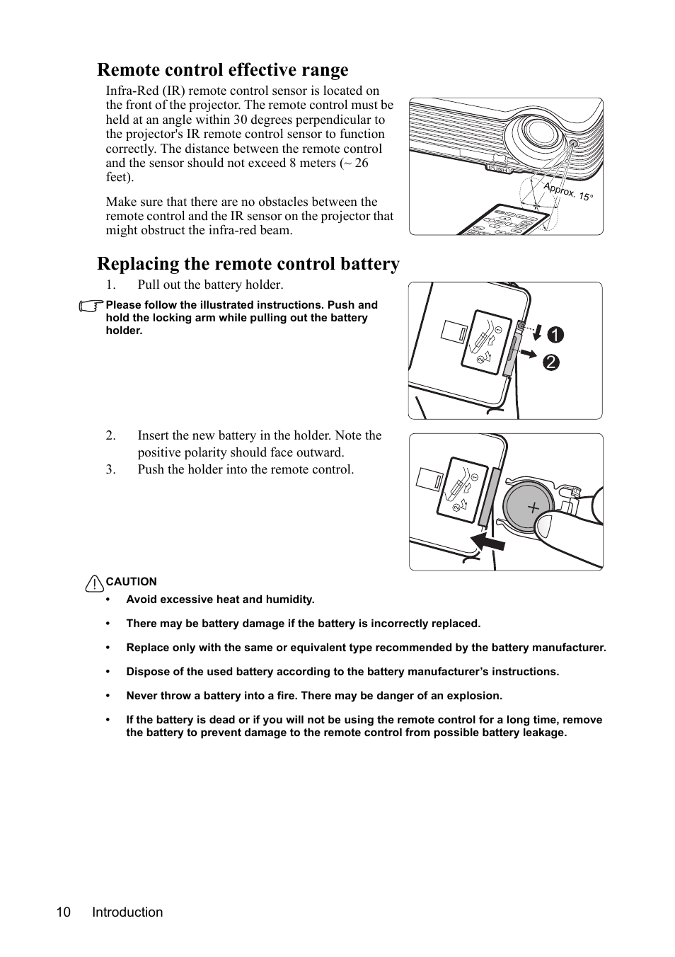 Remote control effective range, Replacing the remote control battery | VIEWSONIC VS13308 User Manual | Page 13 / 69