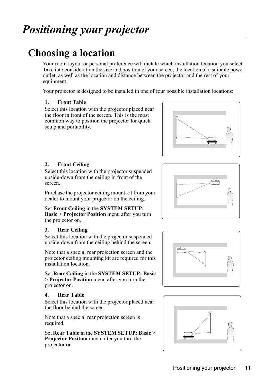 Positioning your projector, Choosing a location | VIEWSONIC VS13308 User Manual | Page 14 / 69