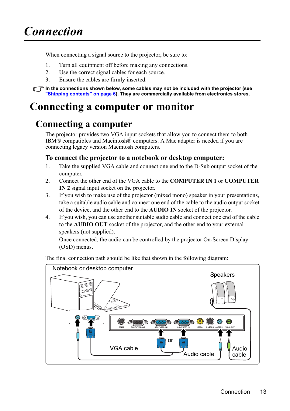 Connection, Connecting a computer or monitor, Connecting a computer | VIEWSONIC VS13308 User Manual | Page 16 / 69