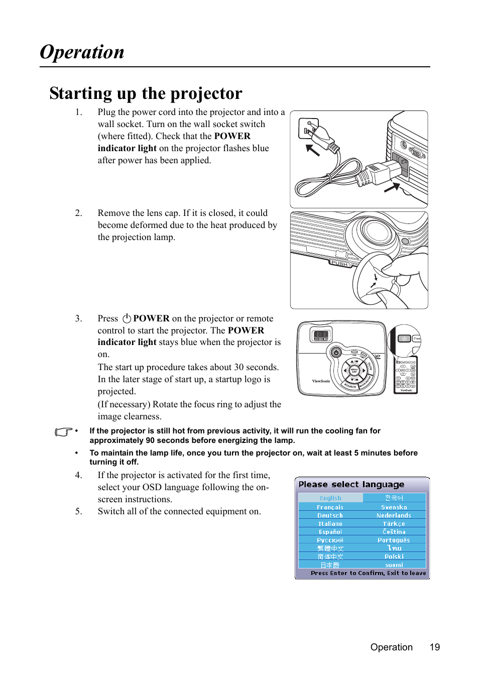 Operation, Starting up the projector, Starting up the | VIEWSONIC VS13308 User Manual | Page 22 / 69