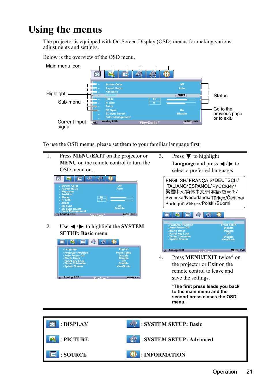 Using the menus, Using, Adjustments. see | Using the menus" on, Operation 21, Status | VIEWSONIC VS13308 User Manual | Page 24 / 69