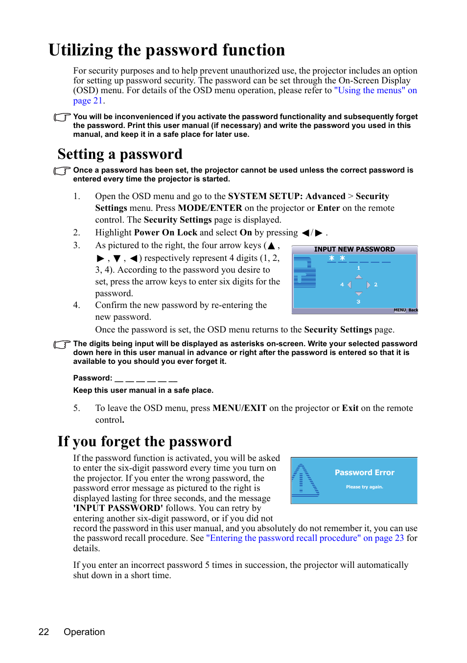 Utilizing the password function, Setting a password, If you forget the password | VIEWSONIC VS13308 User Manual | Page 25 / 69