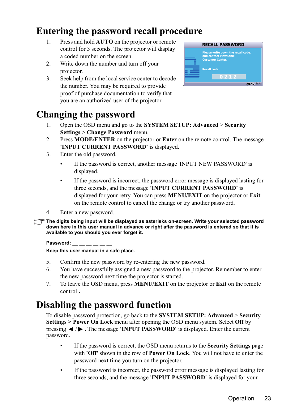 Entering the password recall procedure, Changing the password, Disabling the password function | VIEWSONIC VS13308 User Manual | Page 26 / 69