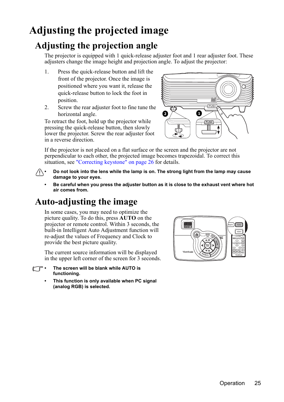 Adjusting the projected image, Adjusting the projection angle, Auto-adjusting the image | VIEWSONIC VS13308 User Manual | Page 28 / 69