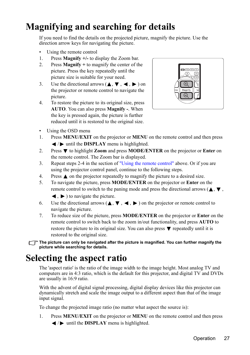 Magnifying and searching for details, Selecting the aspect ratio, E size. see | Magnifying and, Selecting | VIEWSONIC VS13308 User Manual | Page 30 / 69