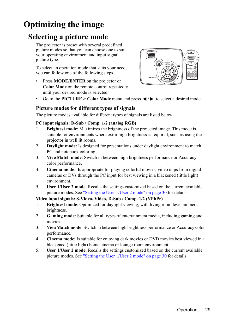 Optimizing the image, Selecting a picture mode, Selecting a picture | VIEWSONIC VS13308 User Manual | Page 32 / 69