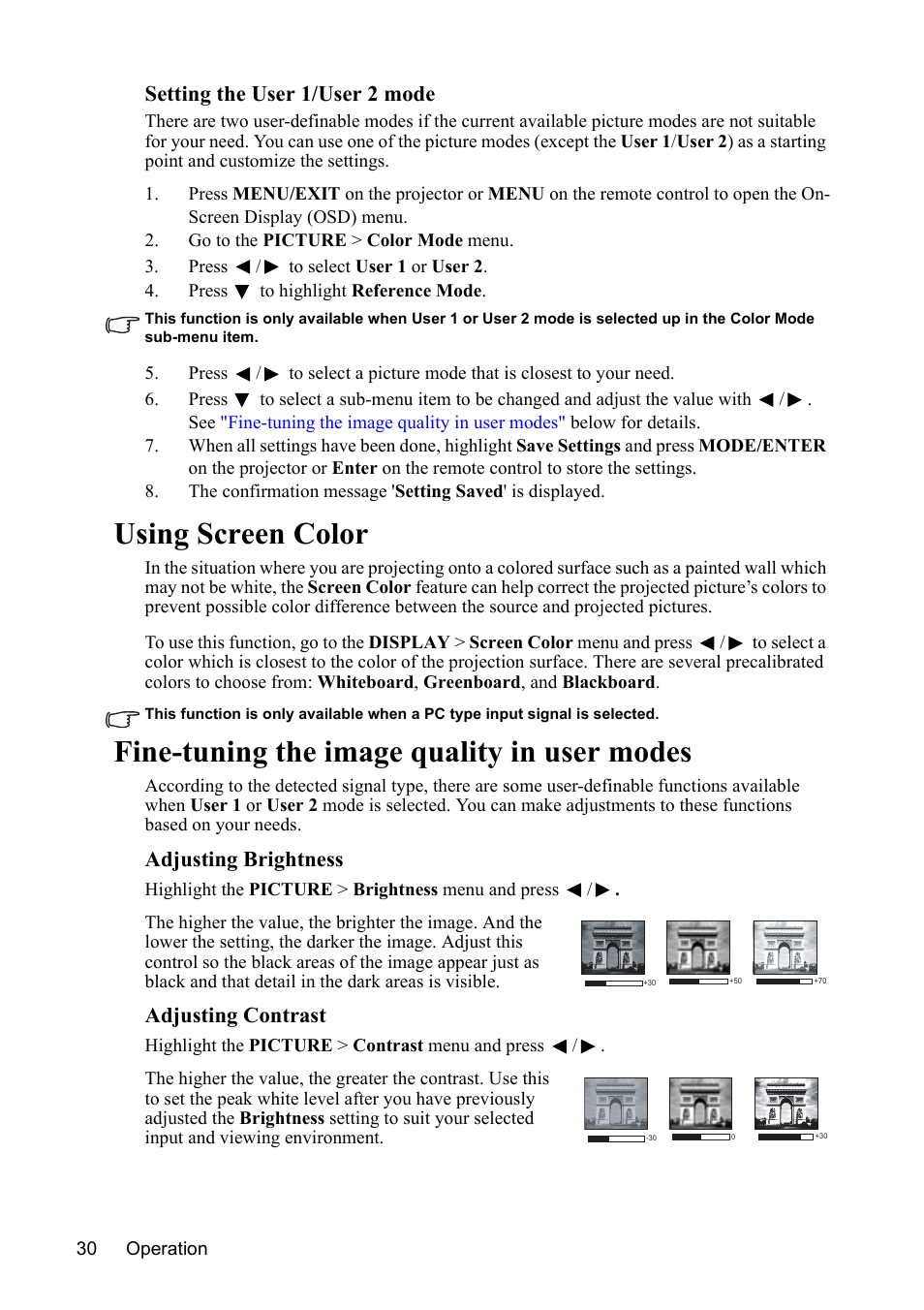 Using screen color, Fine-tuning the image quality in user modes, Setting the user 1/user 2 mode | Adjusting brightness, Adjusting contrast | VIEWSONIC VS13308 User Manual | Page 33 / 69