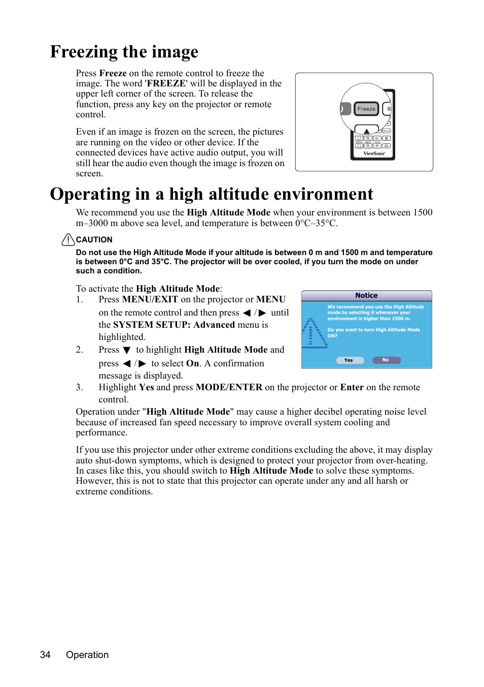 Freezing the image, Operating in a high altitude environment | VIEWSONIC VS13308 User Manual | Page 37 / 69