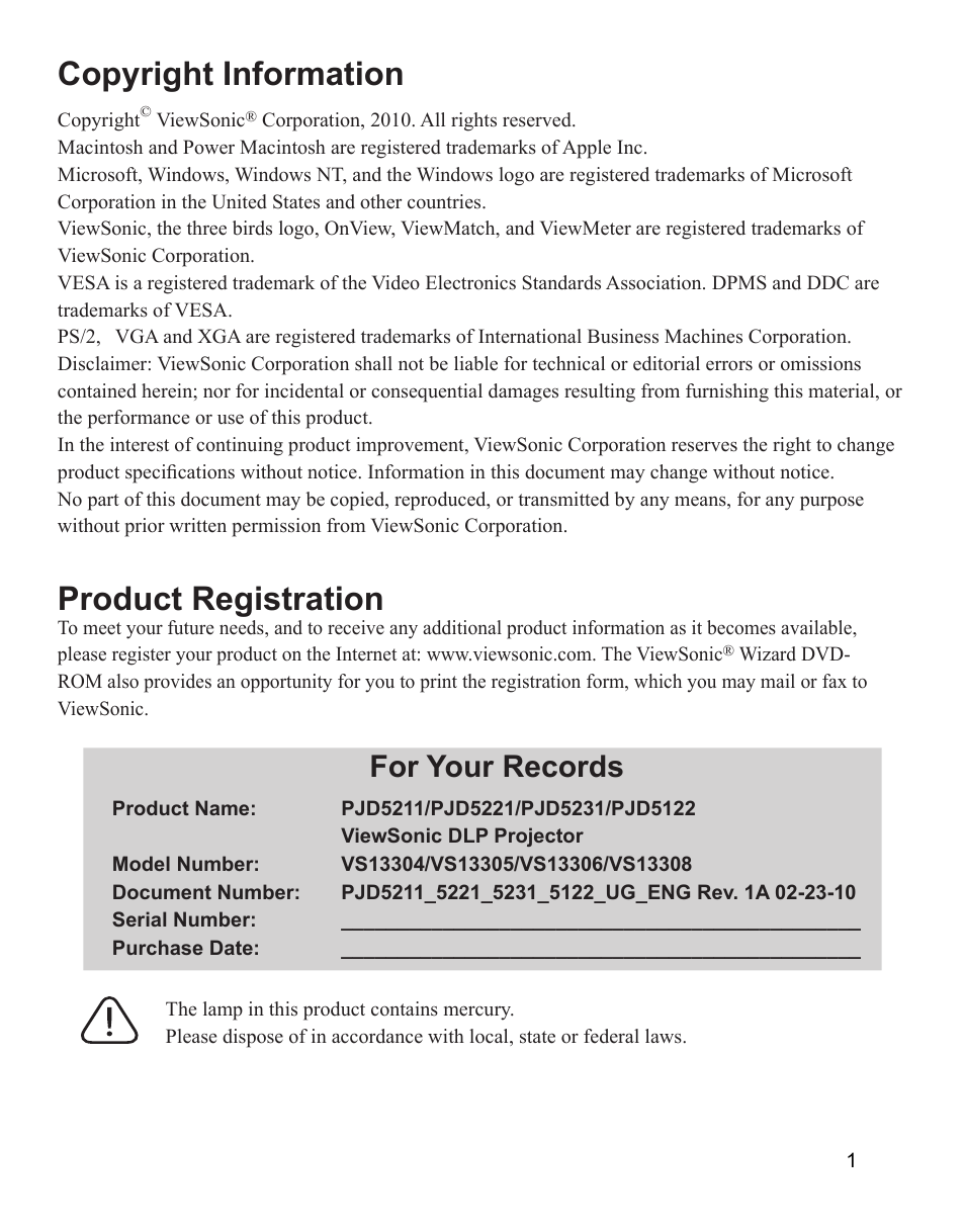 Copyright information, Product registration, For your records | VIEWSONIC VS13308 User Manual | Page 4 / 69