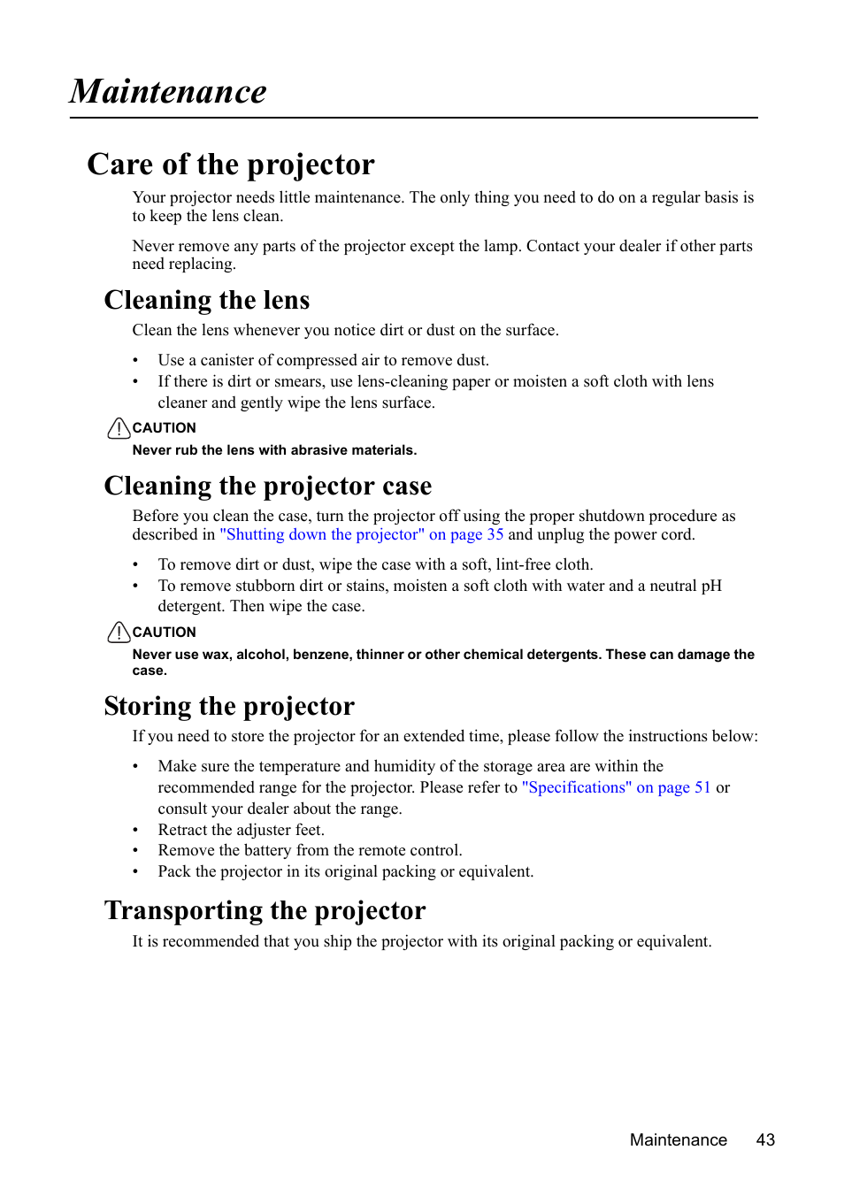 Maintenance, Care of the projector, Cleaning the lens | Cleaning the projector case, Storing the projector, Transporting the projector | VIEWSONIC VS13308 User Manual | Page 46 / 69