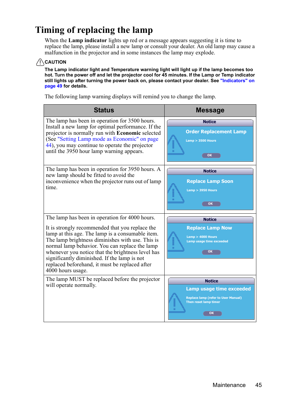 Timing of replacing the lamp, Status message | VIEWSONIC VS13308 User Manual | Page 48 / 69