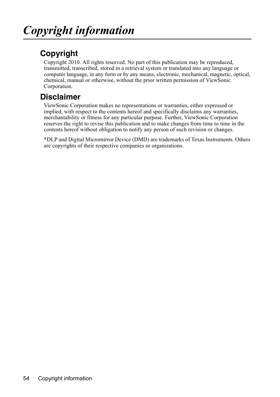 Copyright information, Copyright, Disclaimer | VIEWSONIC VS13308 User Manual | Page 57 / 69